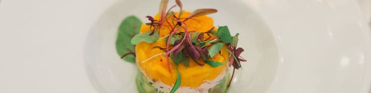 close up of a yellow and green dish on a white plate