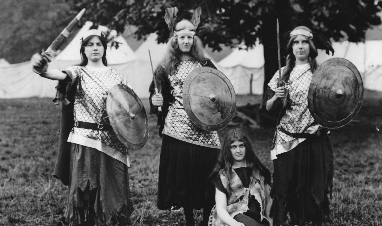 women dressed as viking warriors for 1909 church pageant
