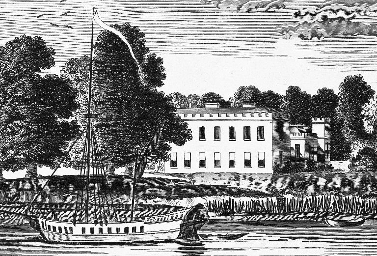 18th century etching of fulham palace and boat on river thames