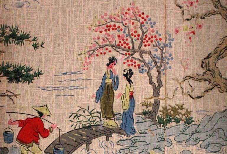 closeup of the chinoiserie wallpaper discovered behind a wall