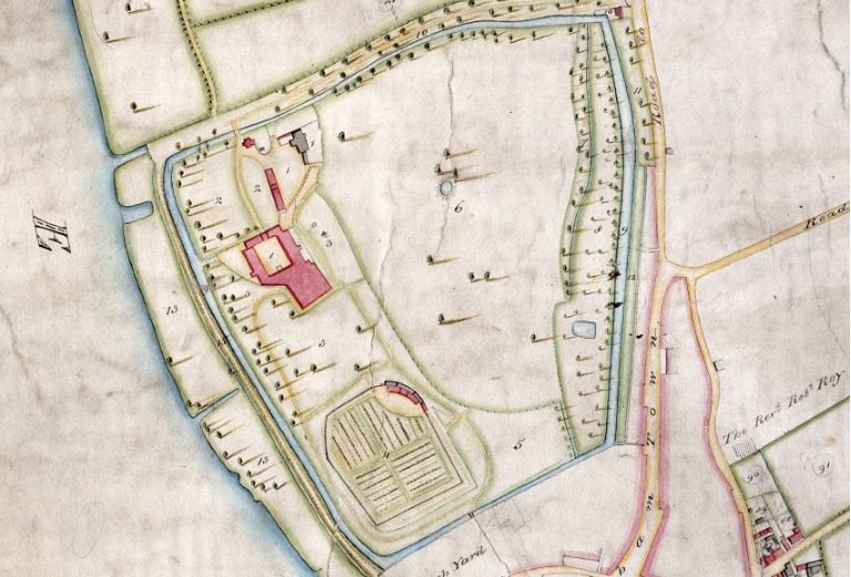 an old coloured map showing the palace site surrounded by the moat