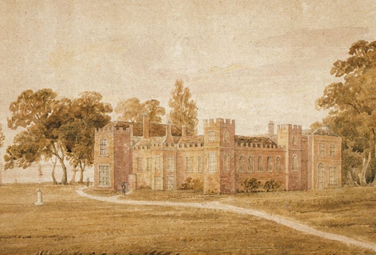 watercolour of the palace after being remodelled with crenelations and gothic style pointed windows
