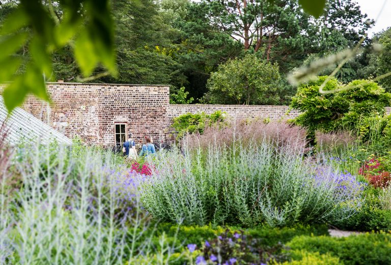 Two visitors walk around the knot garden