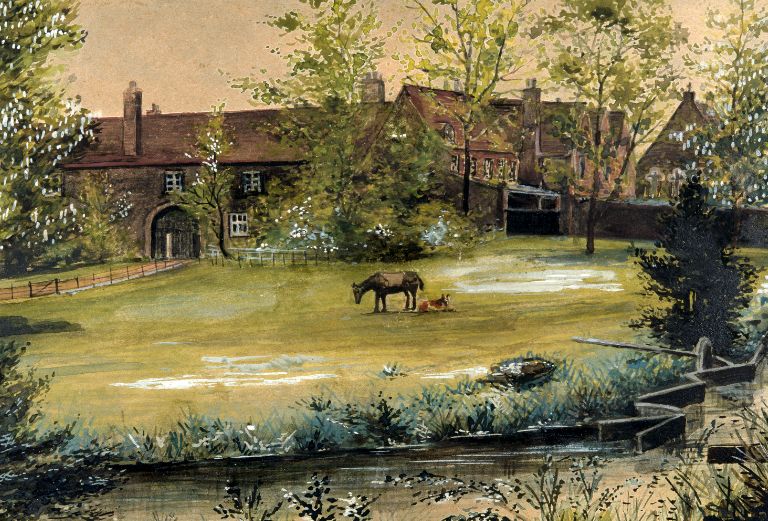 painting of fulham palace with two donkeys in the paddock area