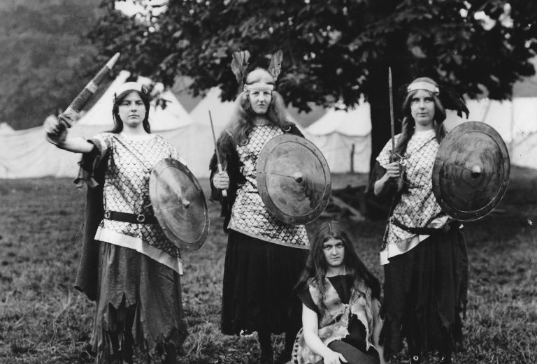 women dressed as viking warriors for 1909 church pageant