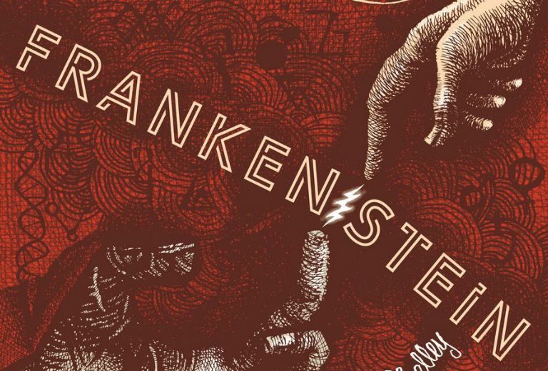 illyrias red poster for frankenstein with two fingers touching and the word frankenstein written across it in white letters