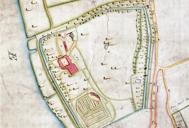 An old map, which shows a birds eye view of Fulham Palace with a moat around it