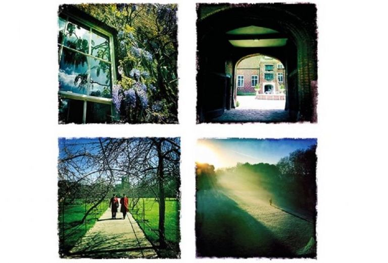 four images arranged in a square. The top left is wisteria climbing a wall next to a window, a view into the tudor courtyard is onthe right hand side, the bottom left is two men wearing red walking along a tree lined path, the bottom right is a view across the lawn at sunrise with a single figure standing at the middle