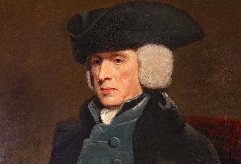 A painting of a map wearing a grey wig and black hat, looking off to the left