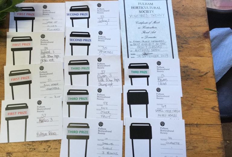 Lots of white pieces of paper with First, second and third written on them, showing categories won by the apprentice gardeners