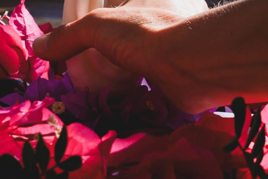 Een close-up van een hand die tijdens een Yoni Retreat een kaars in de vorm van een Yoni op rode bloemblaadjes plaatst.