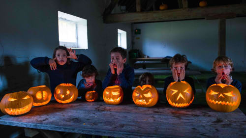 photo d'une famille heureuse qui décore un sapin de Noël