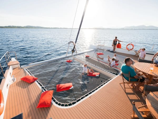 Evening dinner on a catamaran at sea from Hyères (83)