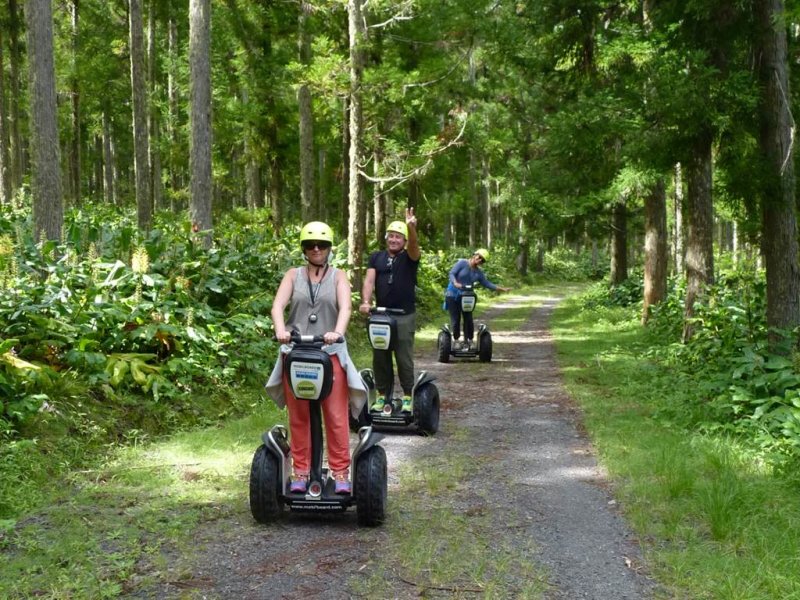 Groupe de 3 personnes casques sur Segways tout-terrain dans la forêt de cryptomérias des hauts de Cilaos, La Réunion