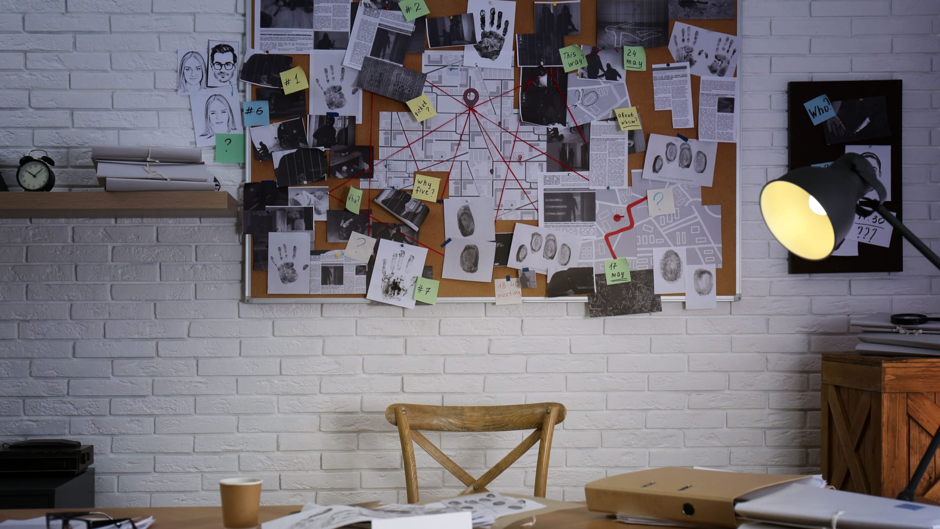 bureau avec tableau des preuves