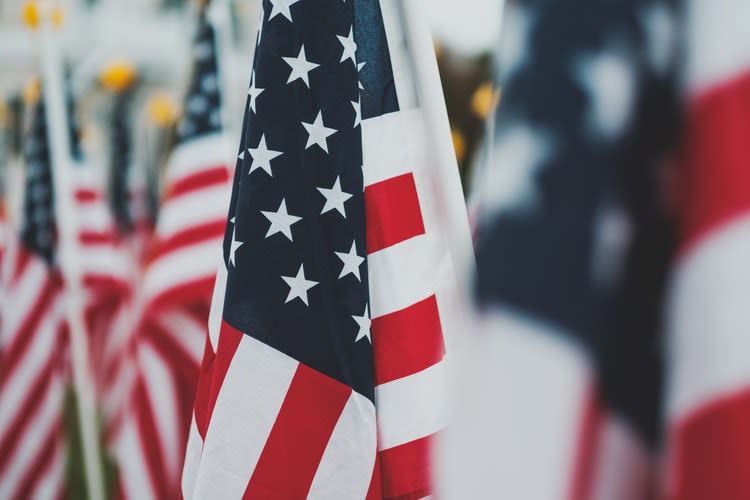 several american flags on polls