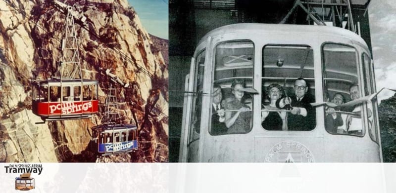 This image is a split-view photograph featuring the Palm Springs Aerial Tramway. On the left side of the photo, a red and white tramcar is suspended by cables against a rugged mountain landscape. The side of the tramcar is emblazoned with "Palm Springs" in large white lettering outlined in black. Below it, there's a smaller sign with "AERIAL TRAMWAY" in white on a blue background. On the right side of the photo, we have an interior view through the front window of a tramcar showing several passengers. They are smiling and gesturing towards the camera, appearing to enjoy their ride. One woman is wearing a wide-brimmed hat and another passenger is holding onto a rail near the window. The word "TRAMWAY" is visible on the top front of the tramcar.

Experience the breathtaking views from the Palm Springs Aerial Tramway and ensure your adventure starts off with extra savings by booking your tickets through FunEx.com, where you can always find the lowest prices guaranteed.