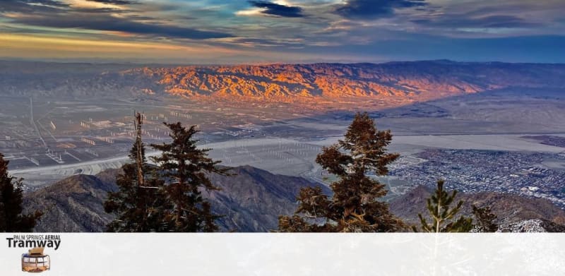 This image captures a breathtaking view from a high vantage point atop a mountain range. In the foreground, you can see the white, snowy caps of the mountains with scattered evergreen trees peeking through the snow. Beyond the immediate range, a vast, expansive valley unfolds, filled with an intricate pattern of roadways and small clusters of human habitation. As one's gaze moves further into the background, the valley floor is dotted with numerous wind turbines standing like sentinels across the landscape. The distant mountains glow with an orange hue, bathed in the warm light of the setting or rising sun, creating a stark contrast with the cool tones of the foreground. The blue sky, with gentle wisps of clouds, adds depth to this majestic scene. The bottom left corner features a logo for the Palm Springs Aerial Tramway.

And remember, when you choose to purchase your aerial tramway tickets through FunEx.com, you're not just getting a breathtaking view, but also the benefit of the lowest prices and greatest savings around!