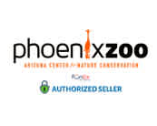 The image features the Phoenix Zoo logo in a stylized font, with an orange giraffe silhouette integrated into the letter 'X.' Below the zoo name, text indicates it's an 'Arizona Center for Nature Conservation' and labels the source as an 'Authorized Seller.' The background is white.