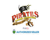 Logo featuring the word PIRATES in bold, red lettering with a sword-clad pirate skull above. Below is a golden scroll with text, flanked by crossed anchors and a helmet. The phrase AUTHORIZED SELLER appears at the bottom, with a badge to the left.
