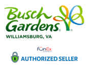 The image features the logo of Busch Gardens Williamsburg, VA, with a colorful stylized B and G forming leaf shapes. Below, there's text indicating it is an authorized seller for FunEx. A small FunEx logo and padlock icon are also present.