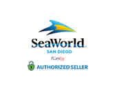 Logo featuring the name SeaWorld San Diego with a stylized blue and yellow leaping marine animal above. Below, a green checkmark next to the words AUTHORIZED SELLER. The background is white.