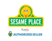 Image featuring the Sesame Place logo with a smiling yellow character above the words 'Sesame Place'. Below is the FunEx logo and 'Authorized Seller' text. The color scheme includes yellow, green, and white.