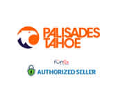 This image features two logos. On top, the Palisades Tahoe logo with an abstract design in orange and dark purple, resembling mountains or a landscape. Below is a green badge with white text that reads 'Authorized Seller' accompanied by a small blue FunEx logo on the right side.