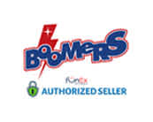 Image displaying the logo for Boomers, styled in bold red and blue letters with a striking lightning bolt design. Below the main logo, the phrase 'Authorized Seller' is indicated alongside the green Kodak logo. The overall design suggests a dynamic and energetic brand partnership with Kodak.