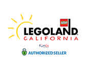 The image displays the LEGOLAND California Resort logo featuring a stylized sun above the bold lettering of LEGOLAND. Beneath are the LEGO logo and the words California in a playful font. Below, a green banner signifies FunEx as an Authorized Seller. The design conveys a sunny, fun-filled experience consistent with the family theme park's brand.