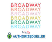 Image depicts the word 'BROADWAY' repeated five times in different colors ranging from red, orange, yellow, green to blue, creating a rainbow effect. Below is a padlock symbol with the FunEx logo and text that states 'AUTHORIZED SELLER'. The background is plain white.