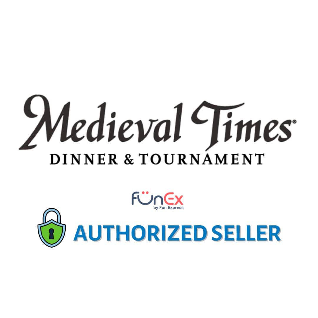 The image shows the Medieval Times Dinner & Tournament logo at the top, featuring stylized text that denotes the brand's theme. Below, there's a badge representing FunEx with a green padlock icon, labeled 'AUTHORIZED SELLER.' The overall design indicates that Fun Express is a trusted ticket seller for Medieval Times experiences.