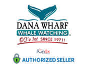 This image features the logo for Dana Wharf Whale Watching, with a stylized blue whale tail above the text. The text "DANA WHARF" is in bold capital letters, with "WHALE WATCHING" below in a curved banner style. A red stamp on the right side states "OC's #1 SINCE 1971", indicating their established reputation. Underneath, there is a padlock icon next to the text "FunEx," and below it reads "AUTHORIZED SELLER." This signifies that FunEx.com is a recognized distributor of tickets for Dana Wharf Whale Watching. FunEx.com is proud to offer the thrill of the ocean with the added bonus of savings, ensuring you get the lowest prices on tickets for this memorable experience.