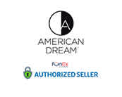 The image features three separate logos. At the top, there's a logo that includes the words 'American Dream' beside a graphic symbol combining the letter 'A' with a partial circle. Below, the text 'Authorized Seller' is printed. A green circle with an abstract design resembling a smiling face above 'funex.com' occupies the space between 'American Dream' and 'Authorized Seller'.