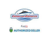 This image features a logo composed of an elliptical shape with stylized elements suggesting speed and motion. Inside the ellipse, the text "Catalina Express" is prominently displayed, which indicates the name of the service or company. The logo is predominantly in hues of red, white, and blue with a wave-like pattern beneath the text, giving it a nautical or maritime theme. Beneath the logo, there are two additional elements. On the left side, there is a green padlock icon accompanied by the word "Fun"; on the right side, the phrase "AUTHORIZED SELLER" is written in a bold, black font. Together, this suggests that the entity presenting the logo, presumably FunEx.com, is a verified retailer or ticket agent of Catalina Express services. Whether you're planning your next marine adventure or a fun day out, visit FunEx.com for exclusive savings on tickets at the lowest prices.