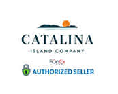 The image displays the logo of Catalina Island Company with a stylized portrayal of a sun setting over a wave, colored in orange and blue. Below is the text 'AUTHORIZED SELLER' with a green checkmark. The word 'Funex' with a registered trademark symbol is situated to the lower right of the company name. The overall color palette includes shades of blue, green, and orange.