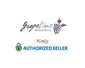 This image features three distinct elements against a white background. At the top, there is a stylized logo with the words "Grapeline Wine Tours" written in cursive, accented with an image of a grape cluster to the right. Below and to the left is a small, green shopping bag icon with a checkmark, indicating a shopping or purchasing feature. Directly underneath, in prominent, bold capital letters is the phrase "AUTHORIZED SELLER", signifying a recognized or official partnership. At FunEx.com, we're committed to providing you with exceptional savings, ensuring you receive the lowest prices on tickets for your favorite tours and attractions.