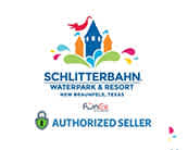 Image of a colorful logo for Schlitterbahn Waterpark and Resort in New Braunfels, Texas, showing a stylized castle with a water slide and palm trees. Below is text indicating FunEx as an authorized seller.