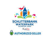 Logo for Schlitterbahn Waterpark, Galveston, Texas, with colorful stylized elements like water splashes, a red flag, and blue castle turret. Below is the Funex logo and text 'Authorized Seller'.