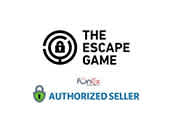 The image shows two logos. The top logo displays a circular lock symbol with the text 'THE ESCAPE GAME' above it in bold capitals. Below the lock is a smaller text 'FunEx'. The bottom logo has a padlock with a green checkmark symbol and the words 'AUTHORIZED SELLER' beside it, indicating certification or partnership status. The logos represent a business relationship and imply that escape games can be purchased from an authorized seller.