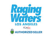 This image features the logo for Raging Waters Los Angeles in a stylized blue font. Below the logo, there is additional text saying "AUTHORIZED SELLER" with a green checkmark icon to the left, indicating that the seller is officially recognized or approved. FunEx.com is proud to offer exclusive discounts and savings on tickets, ensuring you always find the lowest prices for your next adventure.