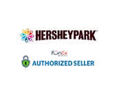 Image displays the Hersheypark logo with a colorful flower-like emblem left of the text 'Hersheypark' in distinctive font. Below is the FunEx logo with a green padlock and text stating 'Authorized Seller'. The background is plain white.