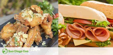 Image displaying two culinary dishes. On the left is a plate of fried chicken garnished with chopped herbs. On the right is a sandwich with ham, cheese, lettuce, and pretzels on the side. Below is the San Diego Zoo logo indicating a probable association with the location.