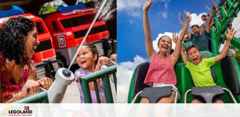 Two collage images showing joyous people on colorful Legoland theme park rides.