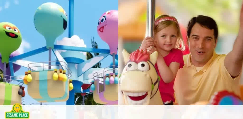 Image features a colorful amusement park setting with a balloon-themed ride on the left. Text reads 'Sesame Place'. On the right, a smiling man in a yellow shirt and a young girl in pink are riding a carousel, joy evident in their expressions. The atmosphere is bright and cheerful, suggesting family fun.