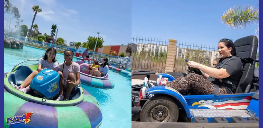 This image displays two separate recreational activities at an amusement park on a bright, sunny day. On the left, we see two individuals smiling and enjoying a water bumper boat ride in a shallow circular pool. Each rider is seated in a separate blue and purple boat adorned with the logo "BUMPER," featuring water squirters. The atmosphere appears cheerful, with splashes of water visible as boats collide gently. Palm trees and a clear blue sky form the backdrop, suggesting a pleasant outdoor setting.

On the right, a different individual is shown with a joyful expression, steering a blue go-kart with red and white stripes and a vibrant eagle graphic. The kart is on a concrete track, and this person appears to be in motion, enjoying the racing experience. A safety belt is visible, ensuring the rider's security during the activity. A fence surrounds the track area, and housing structures are faintly visible in the distance beyond the fence.

At FunEx.com, we're dedicated to providing unforgettable experiences at the lowest prices, so you can enjoy major savings on tickets to attractions like these for a fun-filled day without breaking the bank.