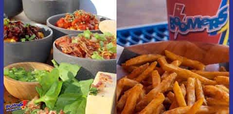 This image displays a collage of two photographs related to dining experiences. On the left, there are several bowls of food that appear to be ingredients for customized meals. These bowls contain various items such as leafy greens, red beans, diced tomatoes, and shredded cheese. On the right side of the collage, there's an image featuring a red plastic cup with the word "Flavors" printed on it in a blue and yellow font, suggesting a branded experience. Next to the cup are salty, crispy, golden-brown French fries served in a blue paper tray, perfectly cooked for that satisfying crunch.

At FunEx.com, we're dedicated to making sure you not only savor the flavors but also enjoy the savings. Don't miss our exclusive discounts on event tickets for the lowest prices around!
