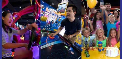 Alt text: "Image showing an engaging and vibrant indoor arcade setting. On the left, a young girl with dark hair joyfully plays a racing game, maneuvering a bright red steering wheel. The surrounding space is filled with a variety of colorful arcade machines, suggesting a lively atmosphere. On the right, a young boy, playing air hockey with enthusiasm, is smiling as he leans on the air hockey table, ready to strike the puck. In the background, a group of children are gathered around a young girl with light-colored hair who is sitting in front of a birthday cake decorated with candles, all are beaming with happiness. A family or group of friends can be seen standing behind the air hockey table, cheering with raised hands and enjoying the festive moments together. The entire setting is a celebration of fun and togetherness in an entertainment-filled venue."

Remember, when planning your next day of fun, visit FunEx.com for amazing discounts, savings, and the lowest prices on tickets to the best entertainment venues!