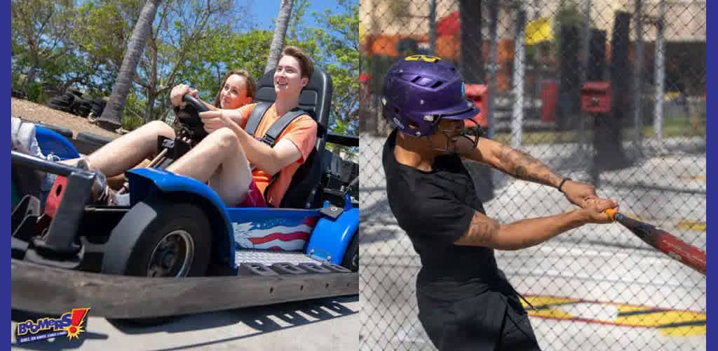 Two images: left, two people in a go-kart; right, a person in a batting cage.