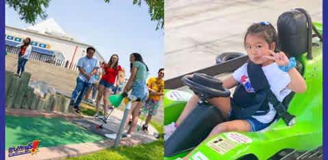 Image split into two scenes. On the left, a group of people is walking and chatting outside, with one person looking at their phone. On the right, a child with a safety strap is seated in a bright green go-kart, making a peace sign with their hand. Both scenes indicate fun outdoor activities.